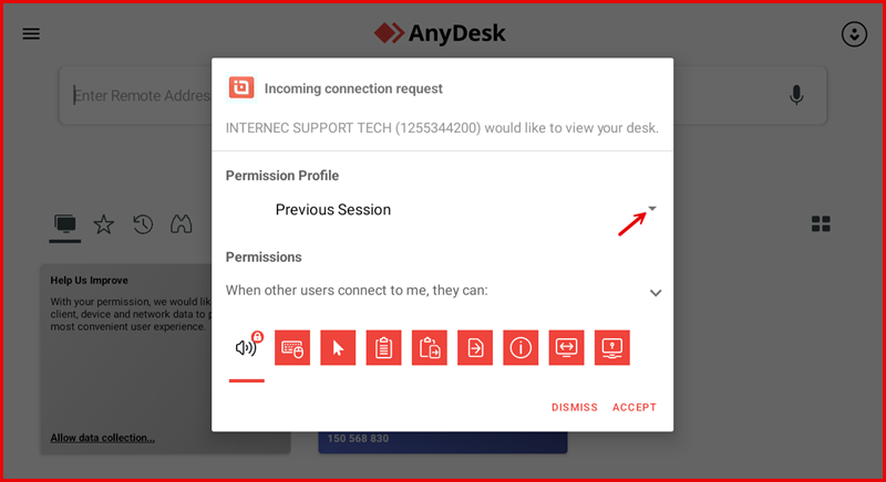AnyDesk incoming connection request dialog with Permission Profile dropdown