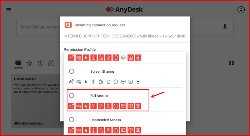 Permission Profile list showing Screen Sharing, Full Access and Unattended Access options
