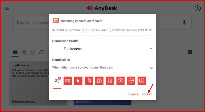AnyDesk dialog with Full Access selected and ACCEPT button highlighted