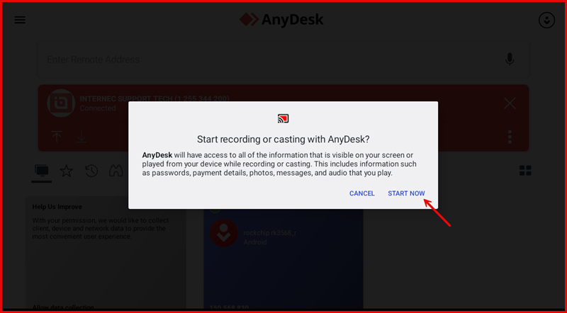 System prompt asking to start recording or casting with AnyDesk, with START NOW button highlighted