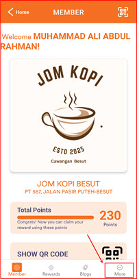 Member page with More tab highlighted