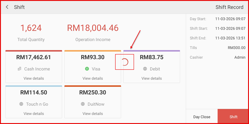 Shift screen showing Day Close processing with loading spinner