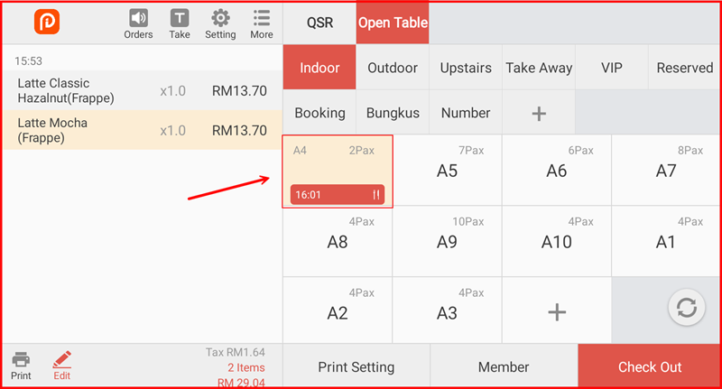 Open Table screen showing active table A4 with orders