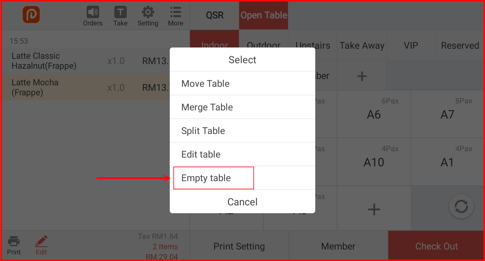 Popup menu with Empty table option highlighted
