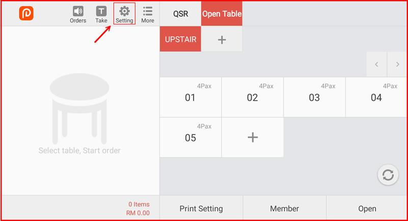Main POS screen with Setting icon highlighted on the top toolbar