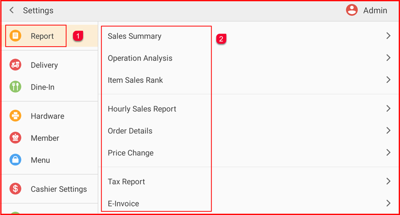 Settings screen with Report selected on the left and list of report types on the right