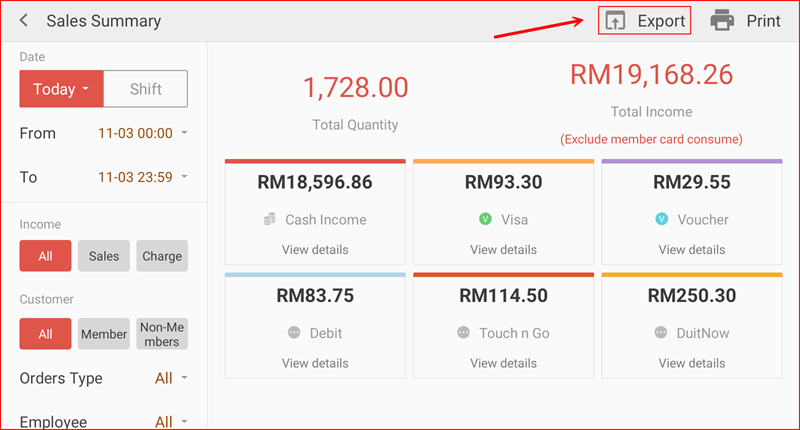 Sales Summary report screen with Export button highlighted at the top right