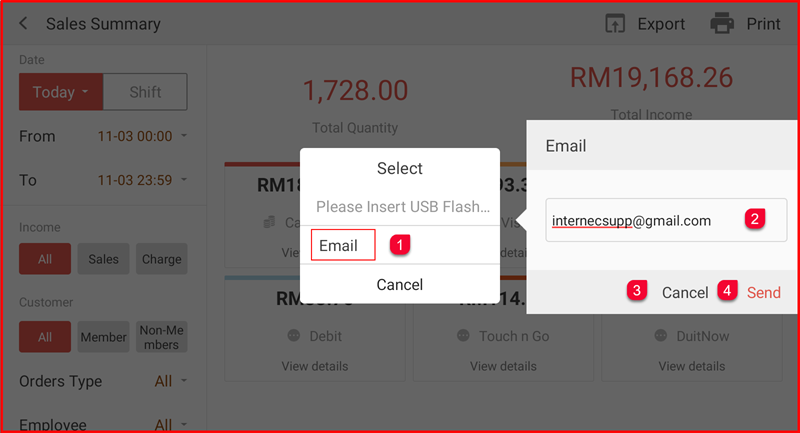 Select export dialog with Email option and email address input field