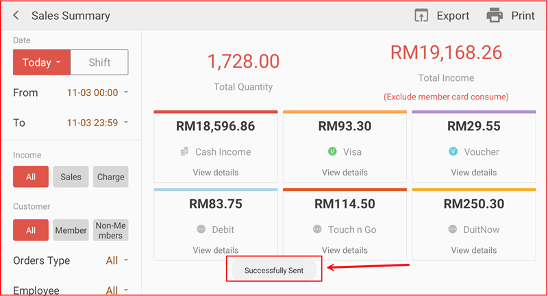 Sales Summary screen with Successfully Sent confirmation message at the bottom