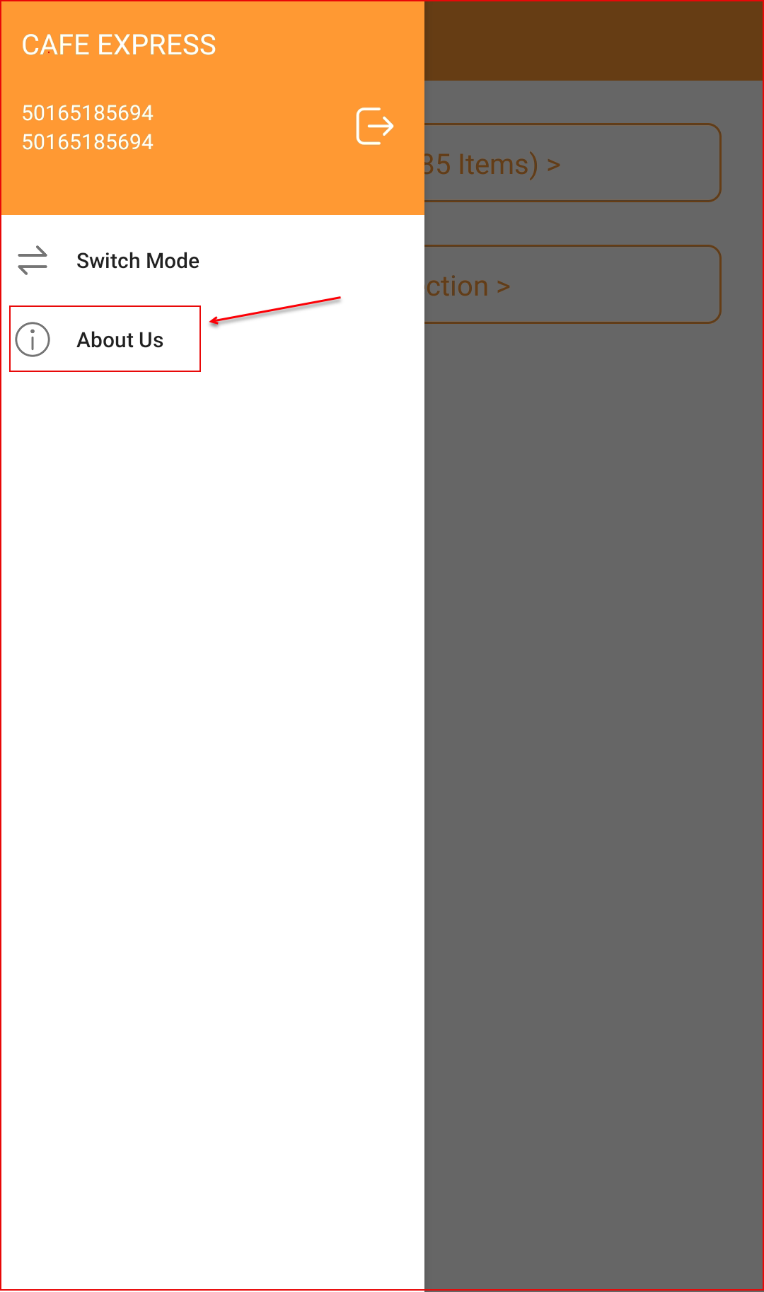 Side menu with About Us option highlighted