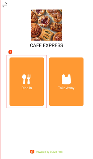 Kiosk home screen with Dine In and Take Away options