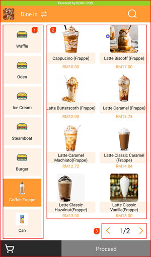Menu screen with category sidebar and item grid