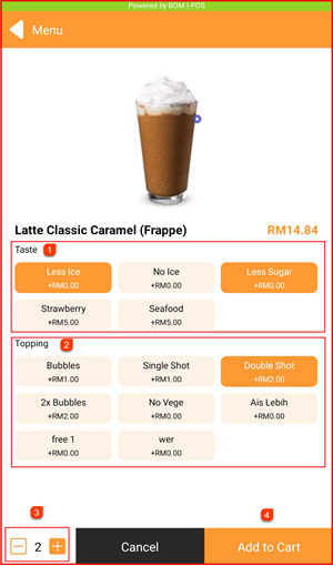 Item detail page with Taste and Topping modifier options