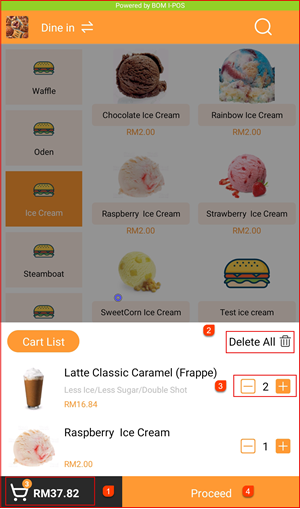 Cart expanded showing items, quantity controls and Proceed button