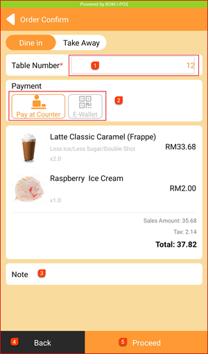 Order Confirm screen with table number, payment method selection and order summary