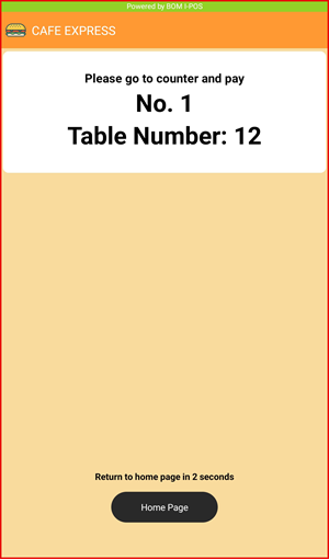 Counter payment screen showing order number and table number with countdown to home page