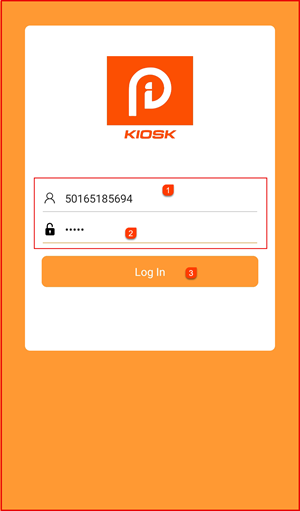 i-Kiosk login screen with username, password and Log In button