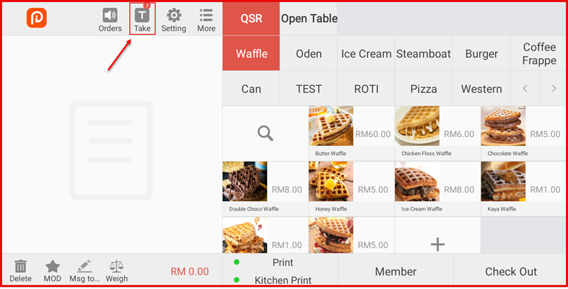 POS main screen with Take button highlighted showing pending kiosk orders