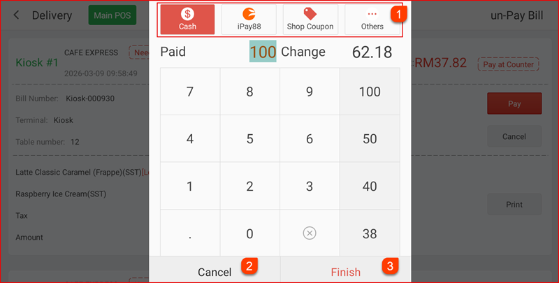 Payment screen with Cash selected, keypad and Change amount shown