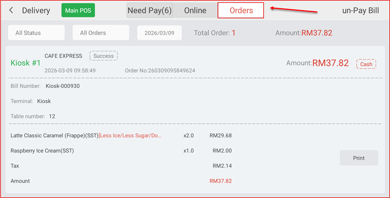 Orders tab showing Kiosk order with Success status and Cash payment tag