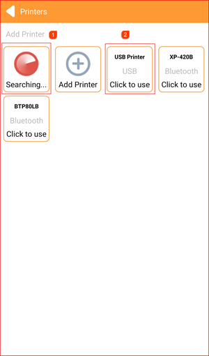 Printers screen showing Auto Search with detected USB and Bluetooth printers
