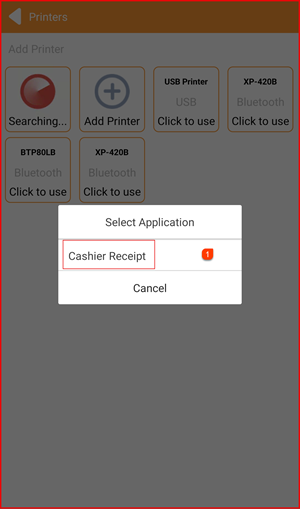 Select Application dialog with Cashier Receipt option