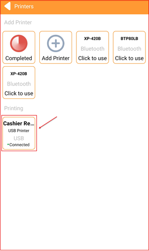Printers screen showing successfully added USB Printer under Printing section with Connected status