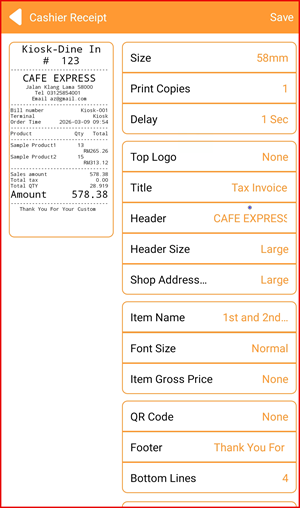 Cashier Receipt settings with paper size, logo, title, font and footer options