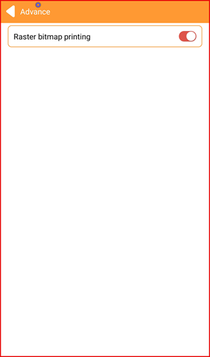 Advance settings screen with Raster bitmap printing toggle