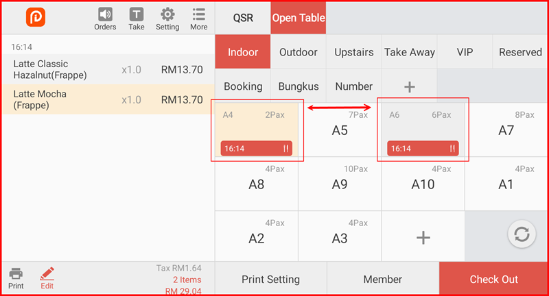 Open Table showing active table A4 with orders and active table A6