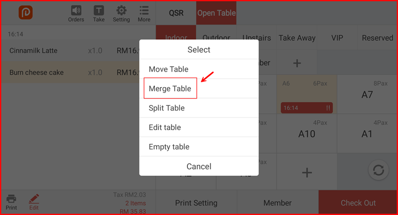 Popup menu with Merge Table option highlighted