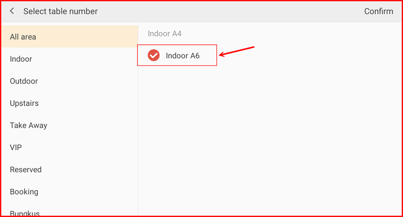 Select table number screen showing only active tables, Indoor A6 selected