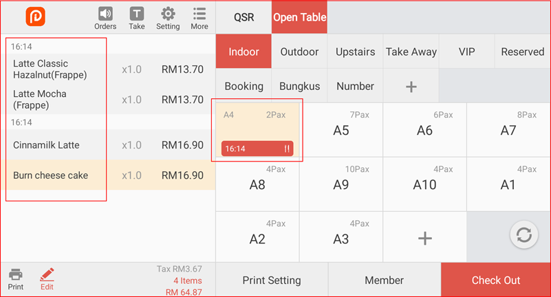 Open Table showing merged order on A4 with all items combined