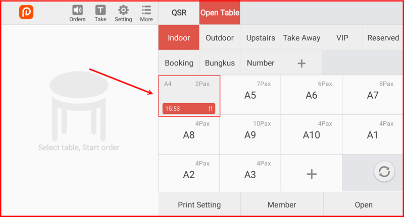 Open Table screen showing an active table A4