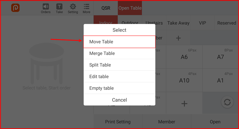 Popup menu with Move Table option highlighted