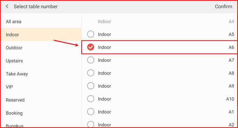 Select table number screen with Indoor A6 selected
