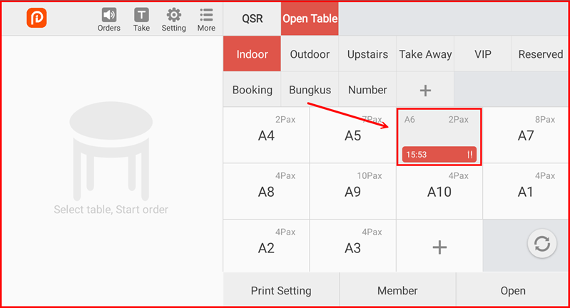 Open Table showing order moved from A4 to A6
