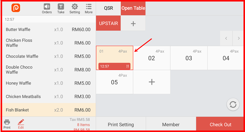 Open Table screen with table UPSTAIR-01 selected and Check Out button highlighted
