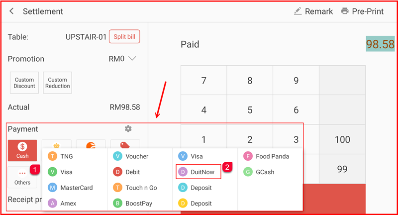 Settlement screen showing Payment section with Others and DuitNow highlighted