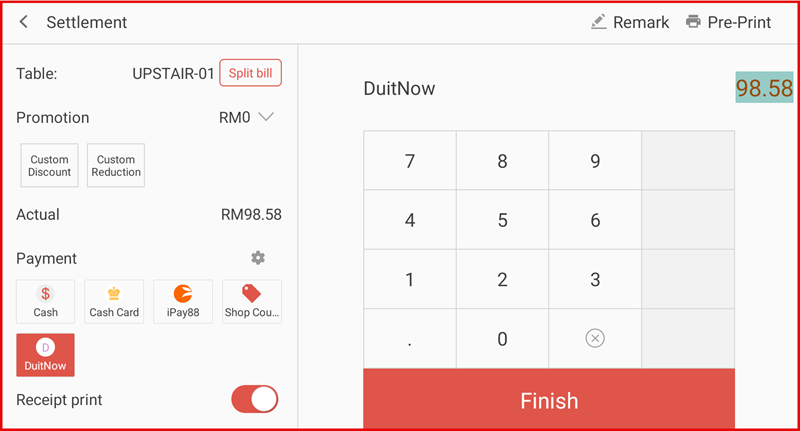 Settlement screen with DuitNow selected and numpad showing full amount 98.58