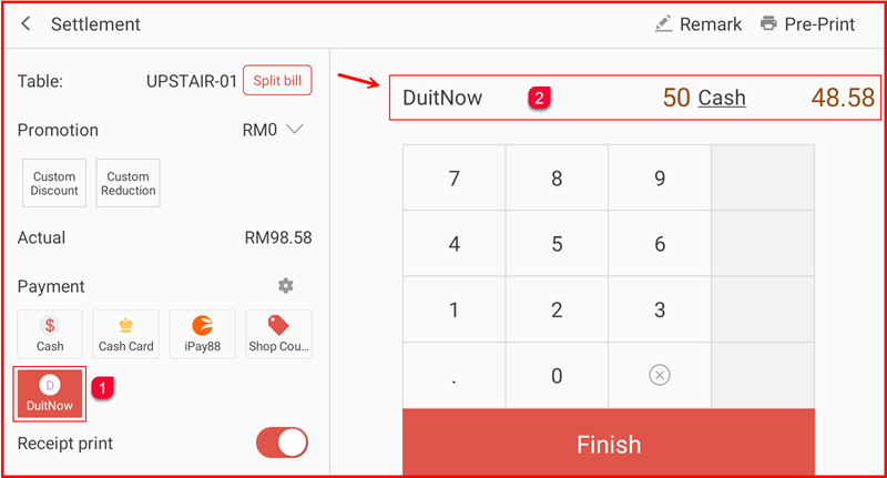 Settlement screen showing DuitNow badge and Cash 48.58 remaining balance in summary bar