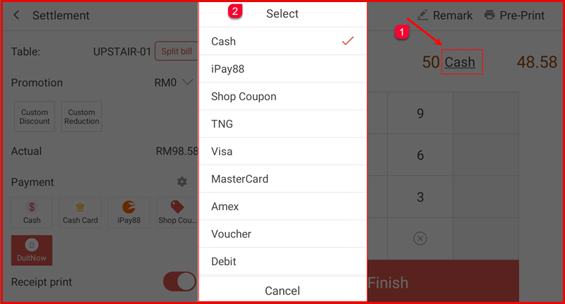 Select payment method dropdown showing available options