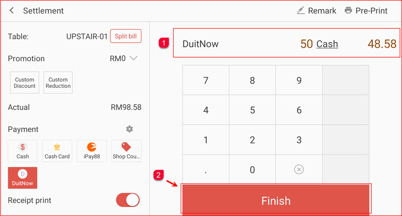 Settlement screen showing DuitNow 50 and Cash 48.58 with Finish button highlighted