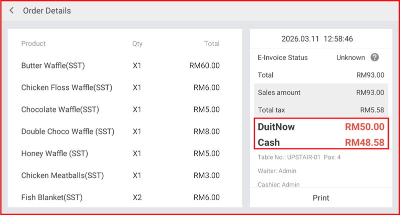 Order Details screen showing DuitNow RM50.00 and Cash RM48.58 payment breakdown