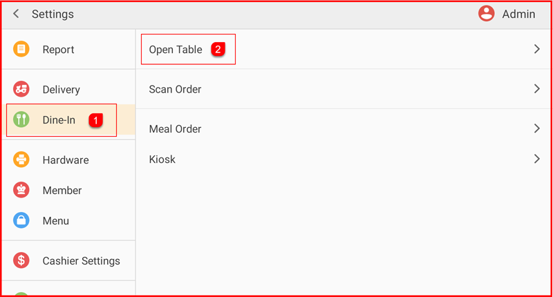 Settings menu showing Dine-In and Open Table options