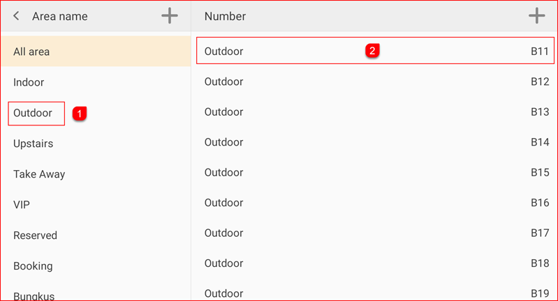 Table list showing areas and table numbers
