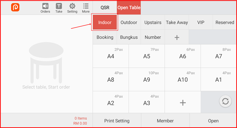 Open Table screen showing table groups as tabs