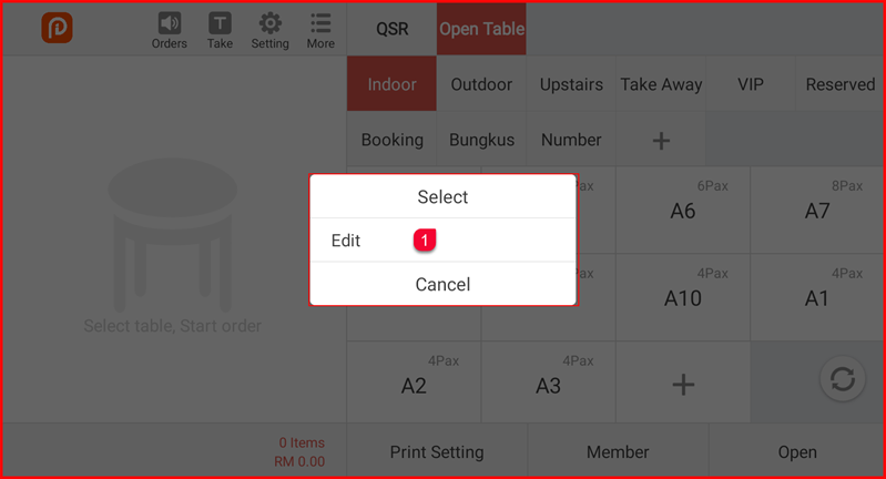 Popup menu with Select, Edit and Cancel options