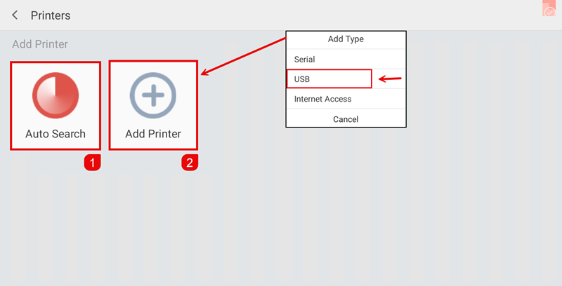 Printers screen with Auto Search and Add Printer options and Add Type dropdown