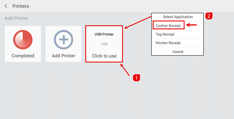 Detected USB Printer with Select Application dialog showing Cashier Receipt, Tag Receipt and Kitchen Receipt options